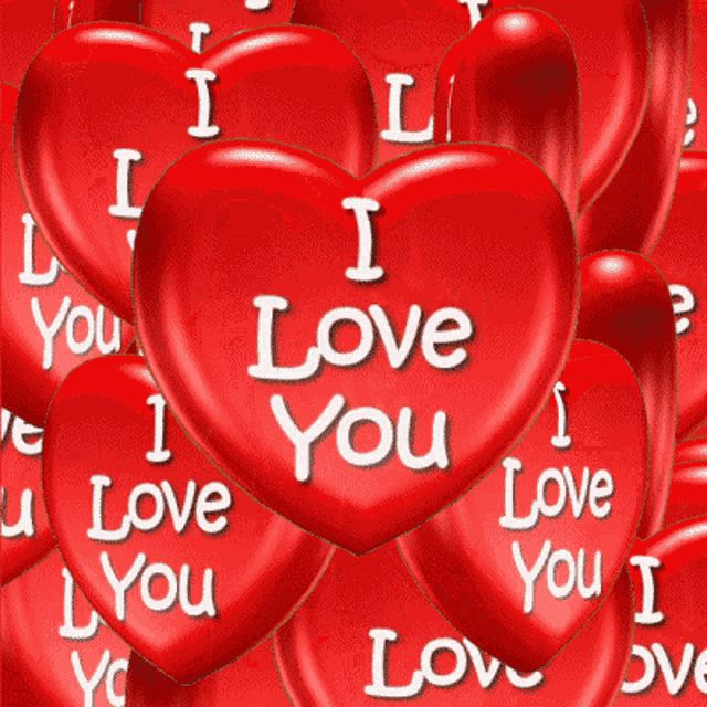 a bunch of red hearts that say " i love you "