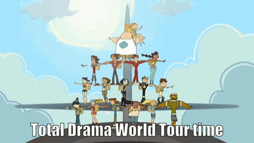 a poster for total drama world tour time shows a pyramid of characters