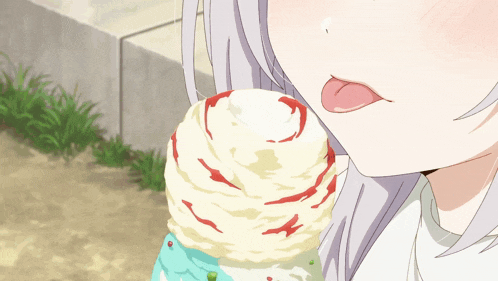 a girl with white hair is eating a swirl of ice cream