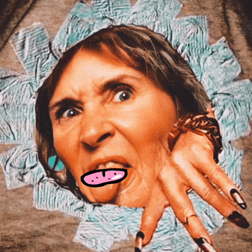 a drawing of a woman 's face with a pink tongue