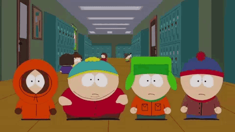 a group of south park characters standing in a hallway with lockers