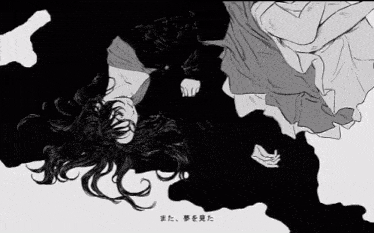 a black and white drawing of a woman laying on her back in a dark room .