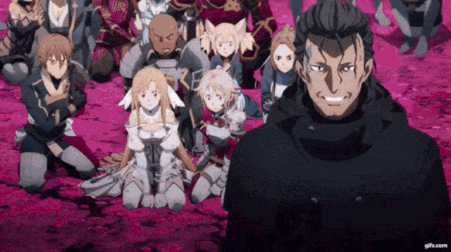 a group of anime characters are gathered around a man in a black coat .
