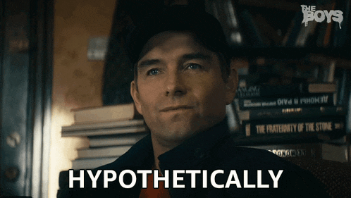 a man in a baseball cap says hypothetically in front of a stack of books