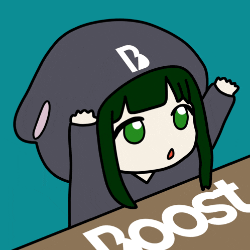 a cartoon of a girl with green hair and the word boost