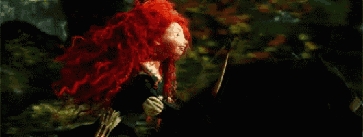 a cartoon girl with red hair is holding a bow and arrow .