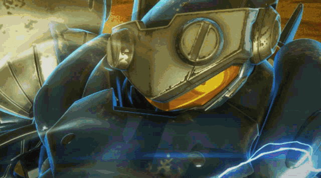 a close up of a robot 's head with a yellow eye