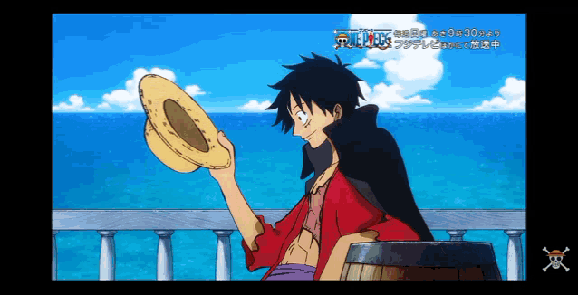 a cartoon of luffy from one piece holding a hat in front of the ocean