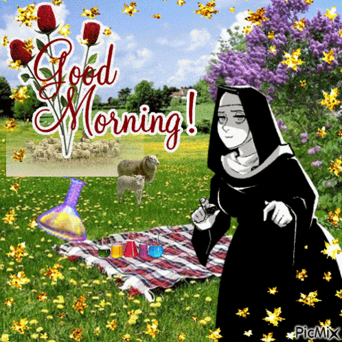 a picture of a nun in a field with sheep and the words good morning