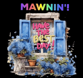 a poster that says mawnin ' and has a window with blue shutters