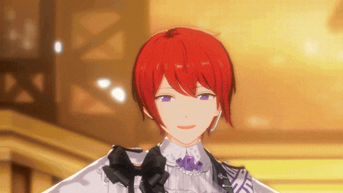 a girl with red hair and purple eyes is smiling