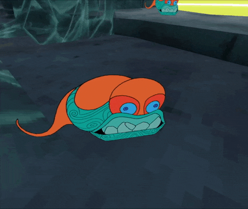 a cartoon drawing of a turtle with a blue tail and red eyes