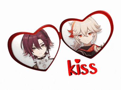 a couple of hearts with the word kiss in red