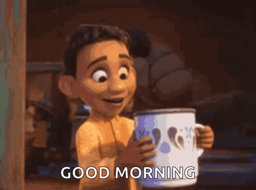 a cartoon character is drinking from a bottle and the words `` good morning '' are written on the bottom .