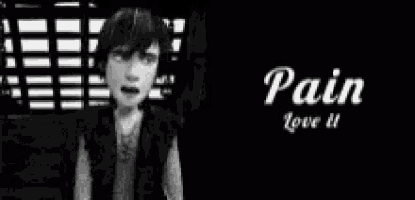 a black and white photo of a boy with the words pain love it on the bottom .