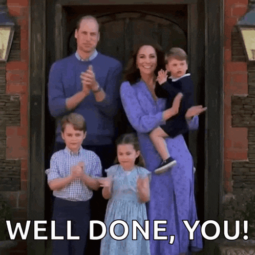 a family standing in front of a door with the words well done , you on the bottom .