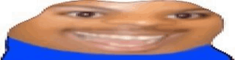 a close up of a person 's face with a blue shirt on and a smile .