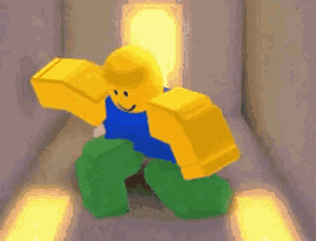 a yellow roblox character is dancing in a room with a light coming out of a door .