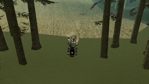 a video game shows a person riding a motorcycle through a forest