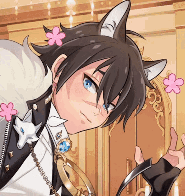 a close up of a cartoon character with pink flowers on his hair