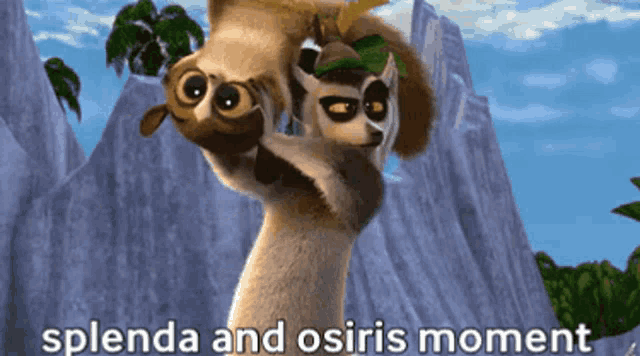 a cartoon ostrich carrying another ostrich on its back with the words " splenda and osiris moment " written below it