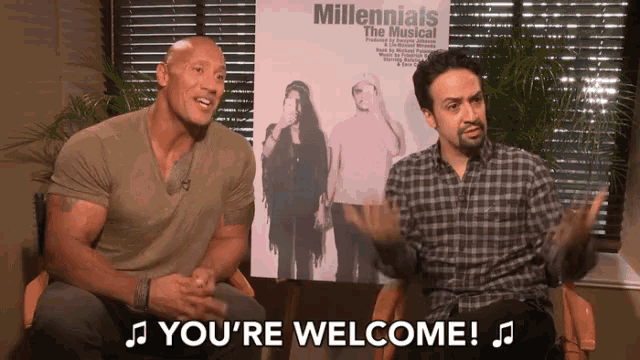 two men sitting in front of a poster that says millennials the musical