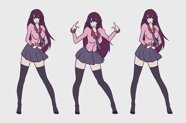 a cartoon of a girl with long purple hair and thigh high socks