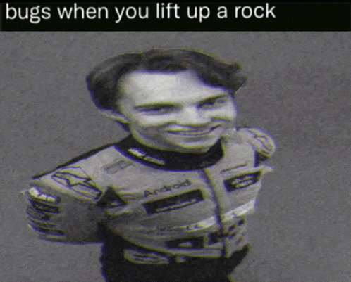 a black and white photo of a man with the words bugs when you lift up a rock