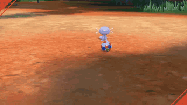 a cartoon character is standing on top of a ball on a dirt field