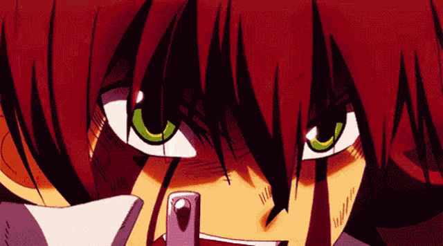 a cartoon character with red hair and green eyes