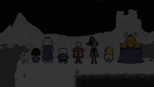 a group of cartoon characters standing next to each other with a castle in the background