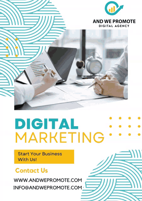 an ad for and we promote digital agency shows two people looking at a laptop