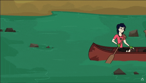 a cartoon of a woman rowing a canoe with a boy laying on the ground