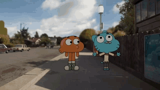 gumball and darwin are standing on a sidewalk in front of a building with a sign that says ' a ' on it