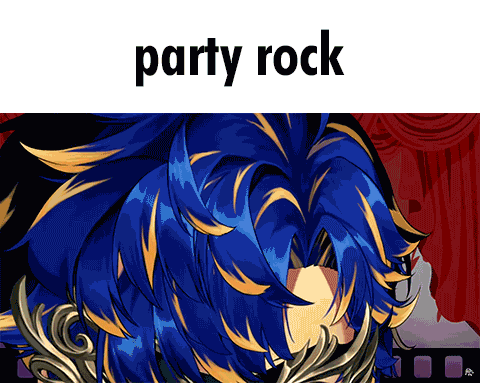 a picture of a person with blue hair and the words party rock above them