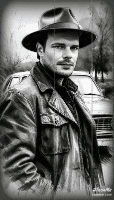 a black and white drawing of a man in a hat