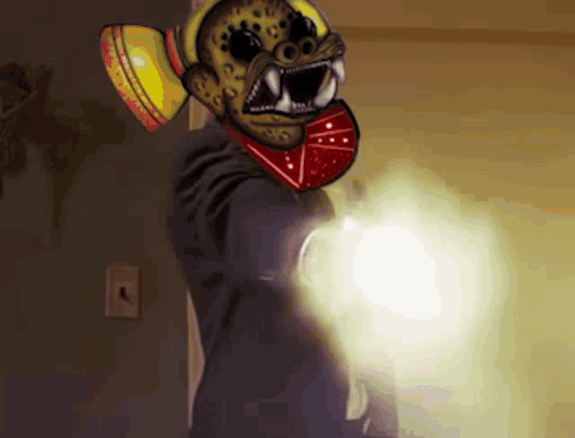 a cartoon of a monster holding a gun in a room