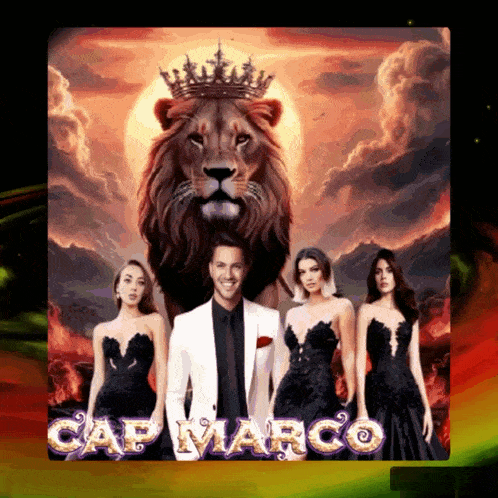 a man with a crown on his head is surrounded by three women and a lion with the words cap marco on the bottom