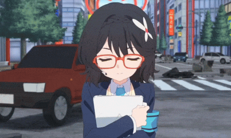 a girl with glasses is holding a tablet and a cup of coffee