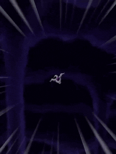 a cartoon character is flying through the air with a purple background