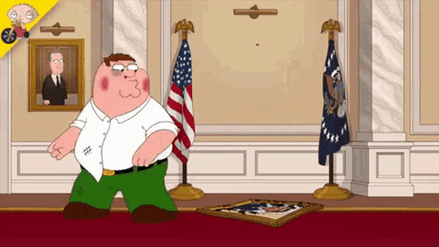 a cartoon character named peter griffin is standing in a room with american flags