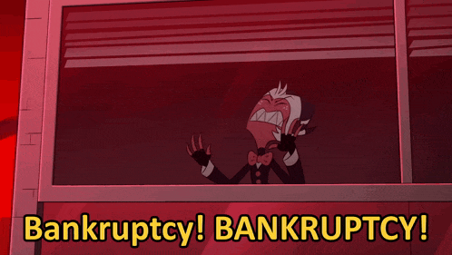 a cartoon character is looking out of a window with the words bankruptcy written below him
