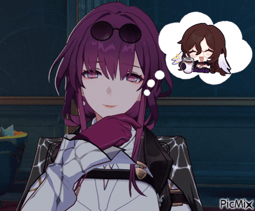 a cartoon of a girl with purple hair and a speech bubble that says picmix