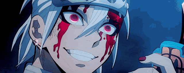 a close up of an anime character with blood on his face
