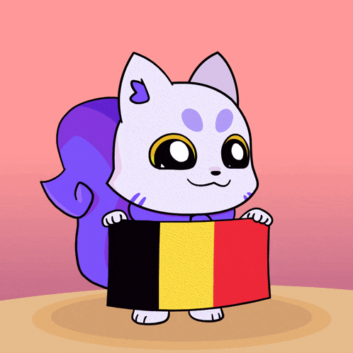a cartoon cat is holding a flag with a red yellow and black stripe