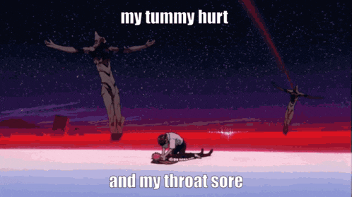 a man is laying on the ground with the words my tummy hurt and my throat sore below him