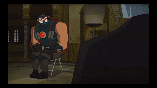 a cartoon of bane sitting in a chair with a man in a suit behind him