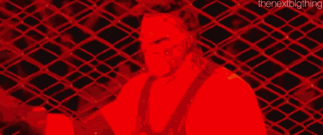 a wrestler is standing behind a chain link fence in a dark room .