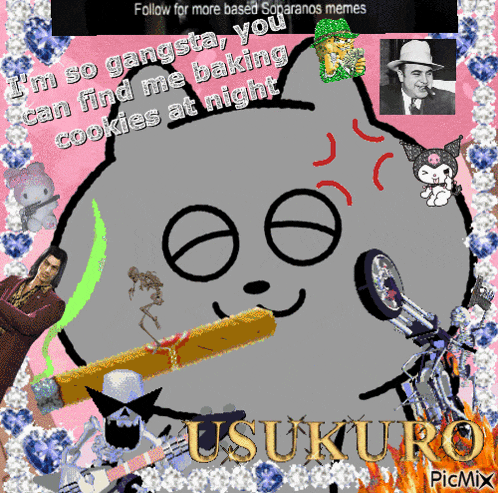 a picture of a cat with the words " i 'm so gangsta you can find me baking cookies at night " on it