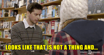 a man talking to a woman in a book store with the caption looks like that is not a thing and ...